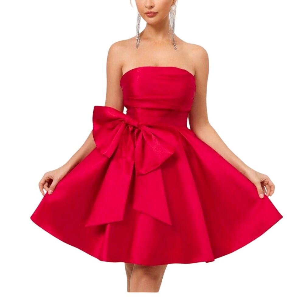 Y2K Strapless Red Satin Mini Dress Small Coquette Oversized Bow Lace Up Corset